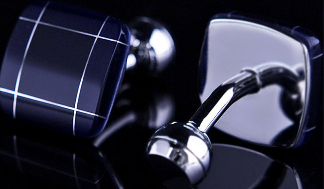 Blue Enamel with Silver Grid Cuff Links