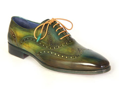 Paul Parkman Men's Wingtip Oxfords Green Hand-Painted Calfskin Shoes