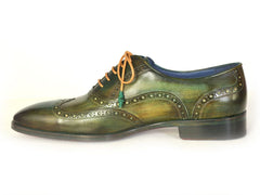 Paul Parkman Men's Wingtip Oxfords Green Hand-Painted Calfskin Shoes