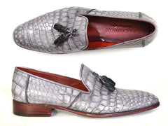 Paul Parkman Men's Crocodile Embossed Calfskin Leather Belt Hand-Painted Gray