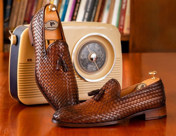 Mens woven top leather loafers