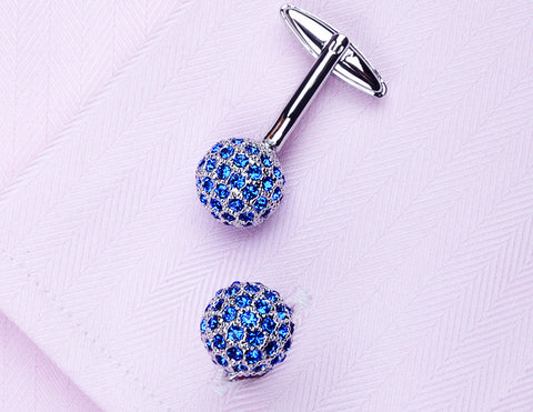 Silver Ball with Blue Crystals Cuff Links