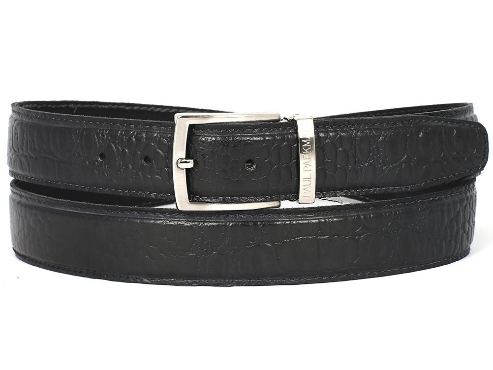 Paul Parkman Men's Crocodile Embossed Calfskin Leather Belt Hand-Painted, Black