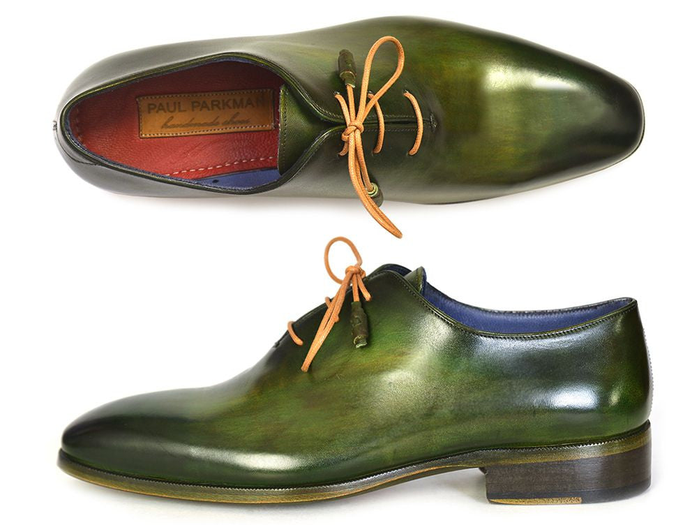 Paul Parkman Wholecut Plain Toe Oxfords Green Hand-Painted Leather Shoes