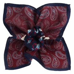 Paisley and Dolphins w/ Navy Border, Printed Design, Italian Collection - 100% Silk Pocket Square