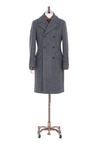 Men's Grey Herringbone Double-Breasted Custom Overcoat