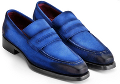 Paul Parkman Men's Suede Penny Loafers, Blue w/ Black Accents