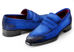 Paul Parkman Men's Suede Penny Loafers, Blue w/ Black Accents