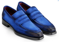 Paul Parkman Men's Suede Penny Loafers, Blue w/ Black Accents