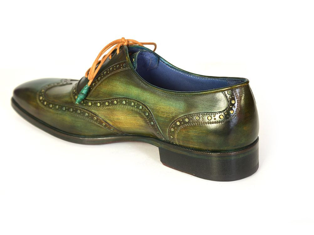 Paul Parkman Men's Designer Shoes Brown & Green Ostrich-Skin / Calf-Skin Leather Wing-Tip Oxfords 844H389 (PM6204) Multi / 13 US