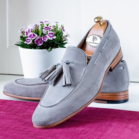 Paul Parkman Suede Tassel Loafers, Light Gray