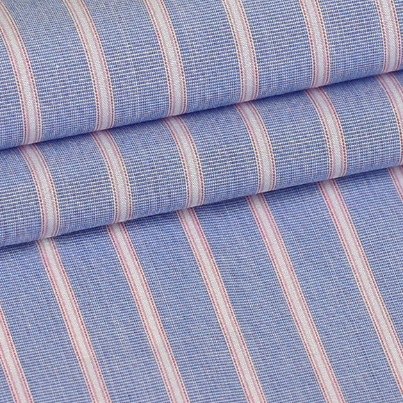 Blue w/ Pink Stripes Custom Shirt Fabric, 100% Cotton