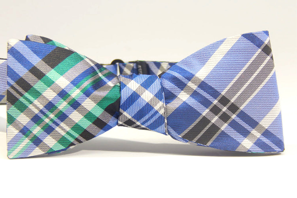 Blue, Grey and Green Plaid - 100% Silk Woven Bow Tie (Self Tie)