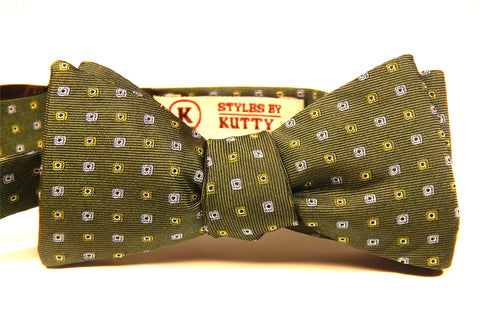 Green with Multi-colored Squares - 100% Silk Woven Bow Tie (Self Tie)