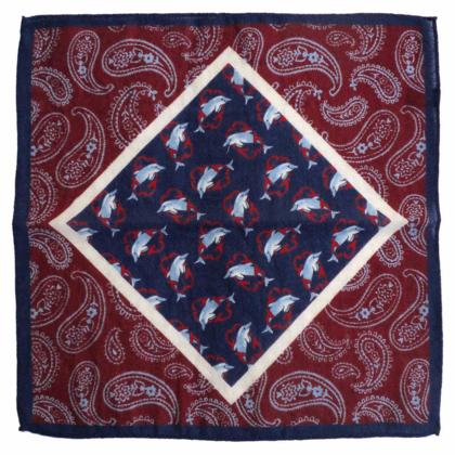Paisley and Dolphins w/ Navy Border, Printed Design, Italian Collection - 100% Silk Pocket Square